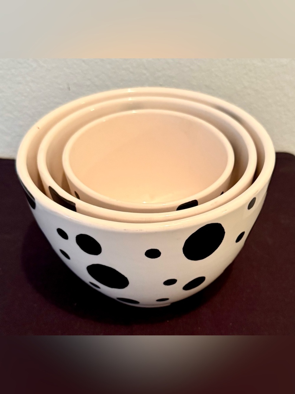 3 mixing bowls white w/ black polka dots from Nantucket Home. 4.25”, 5.25” & 6”